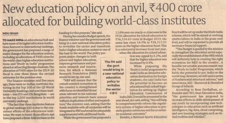 MR. AMOL ARORA, MD-SHEMROCK & SHEMFORD GROUP OF SCHOOLS’ COMMENTS ON ‘BUDGET 2019’ PUBLISHED ON PAGE 2 OF THE 6TH JULY EDITION OF FINANCIAL EXPRESS.