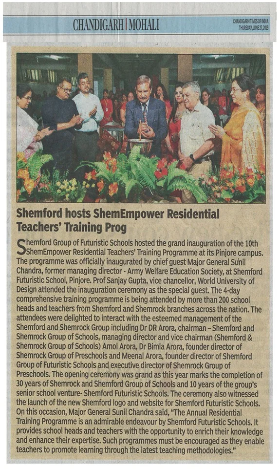 GRAND INAUGURATION OF THE 10TH ANNUAL RESIDENTIAL TEACHERS’ TRAINING PROGRAMME AT SHEMFORD, PINJORE NEWS IN CHANDIGARH TIMES OF INDIA NEWSPAPER